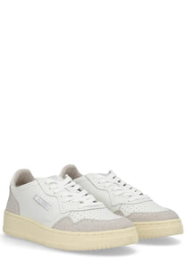 Autry women’s Medalist low sneaker in white with beige suede and leather upper and chunky off-white rubber sole