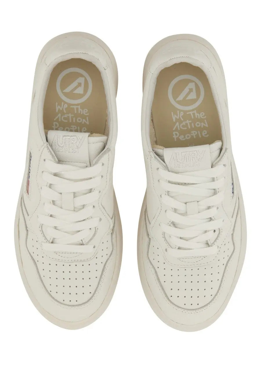 Autry women’s medalist low sneaker white leather with perforated detailing and we the action people branded insole