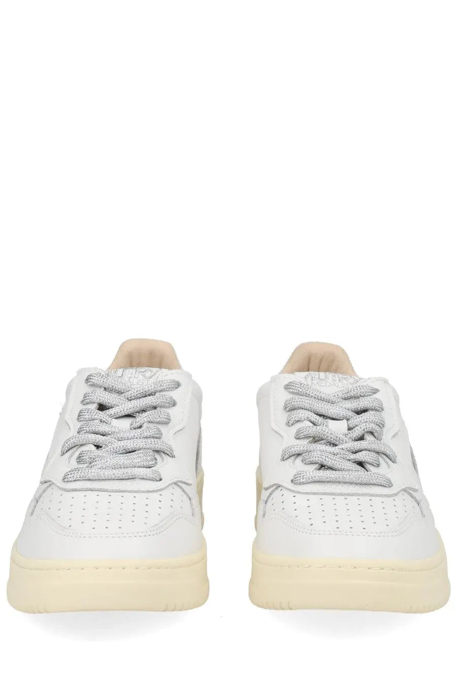 Autry women’s medalist low sneaker white leather with silver glitter laces and cream-colored rubber sole