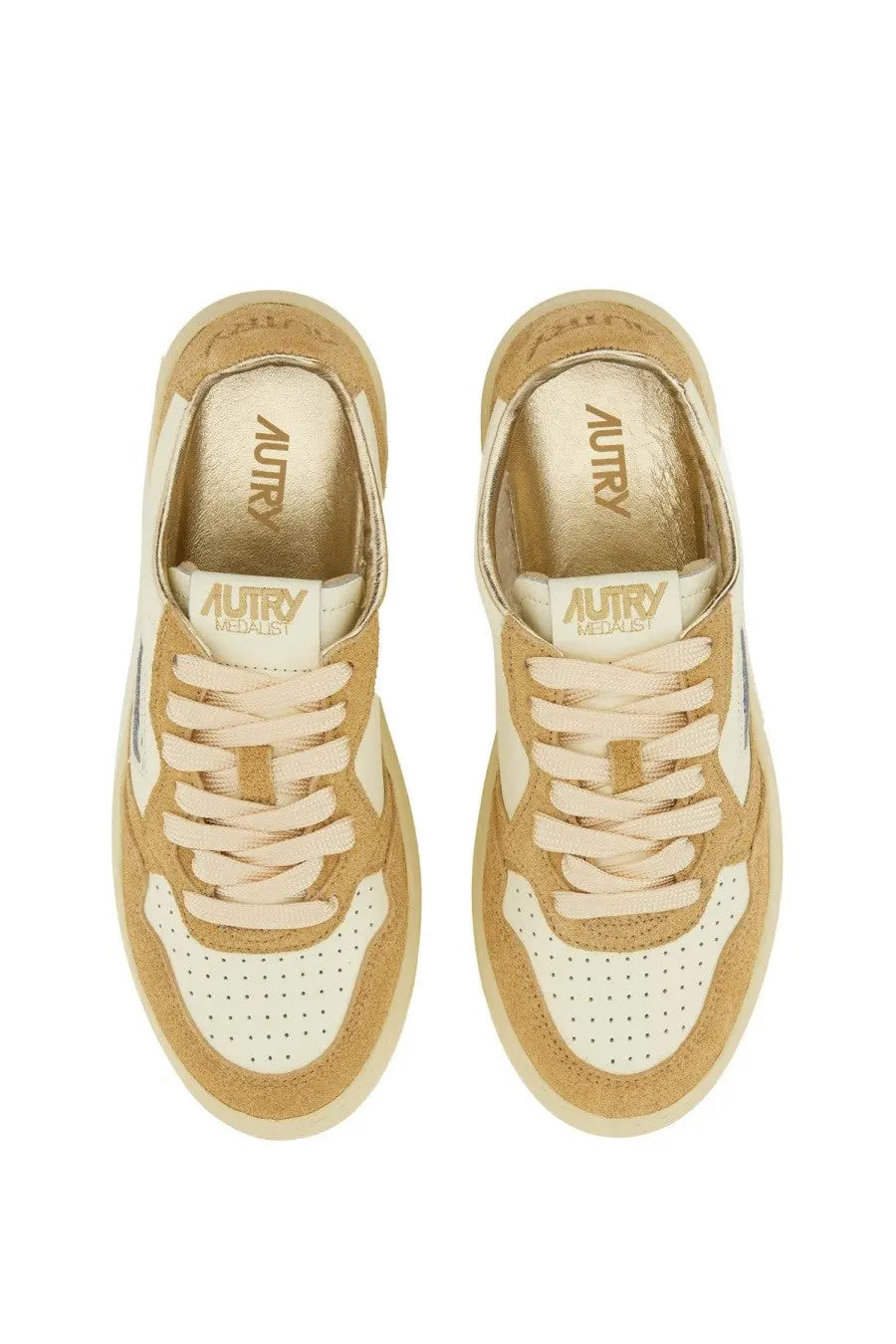 Autry women’s Medalist low sneaker in yellow tan and cream suede with perforated white leather panels and branded insole