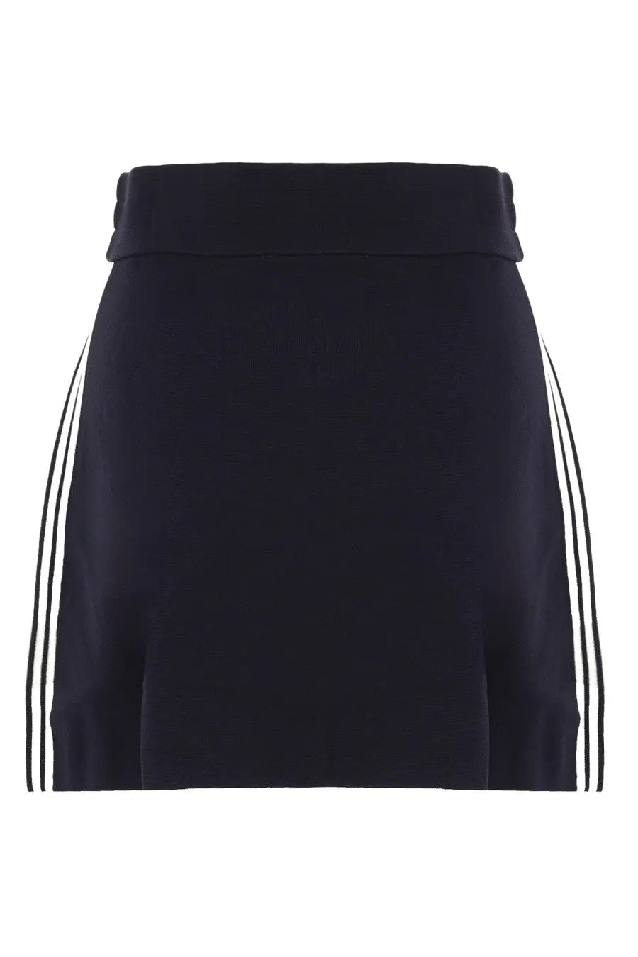 Black athletic miniskirt with white striped side panels for women by Autry in blue product line
