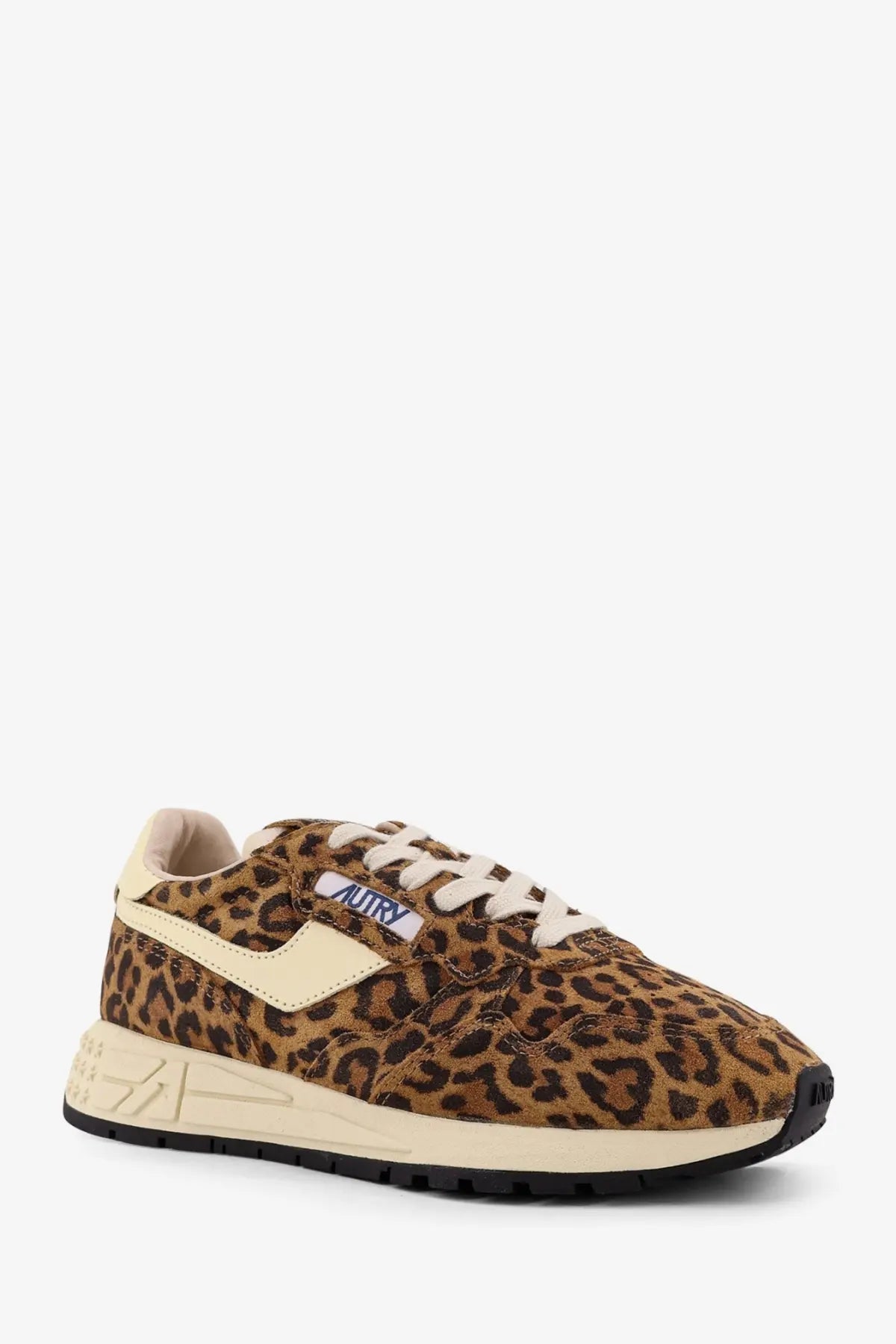 Autry women’s reelwind low suede sneakers with leopard print pattern cream accents and black rubber sole