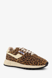 Autry women’s reelwind low suede sneakers with leopard print pattern cream accents and black rubber sole