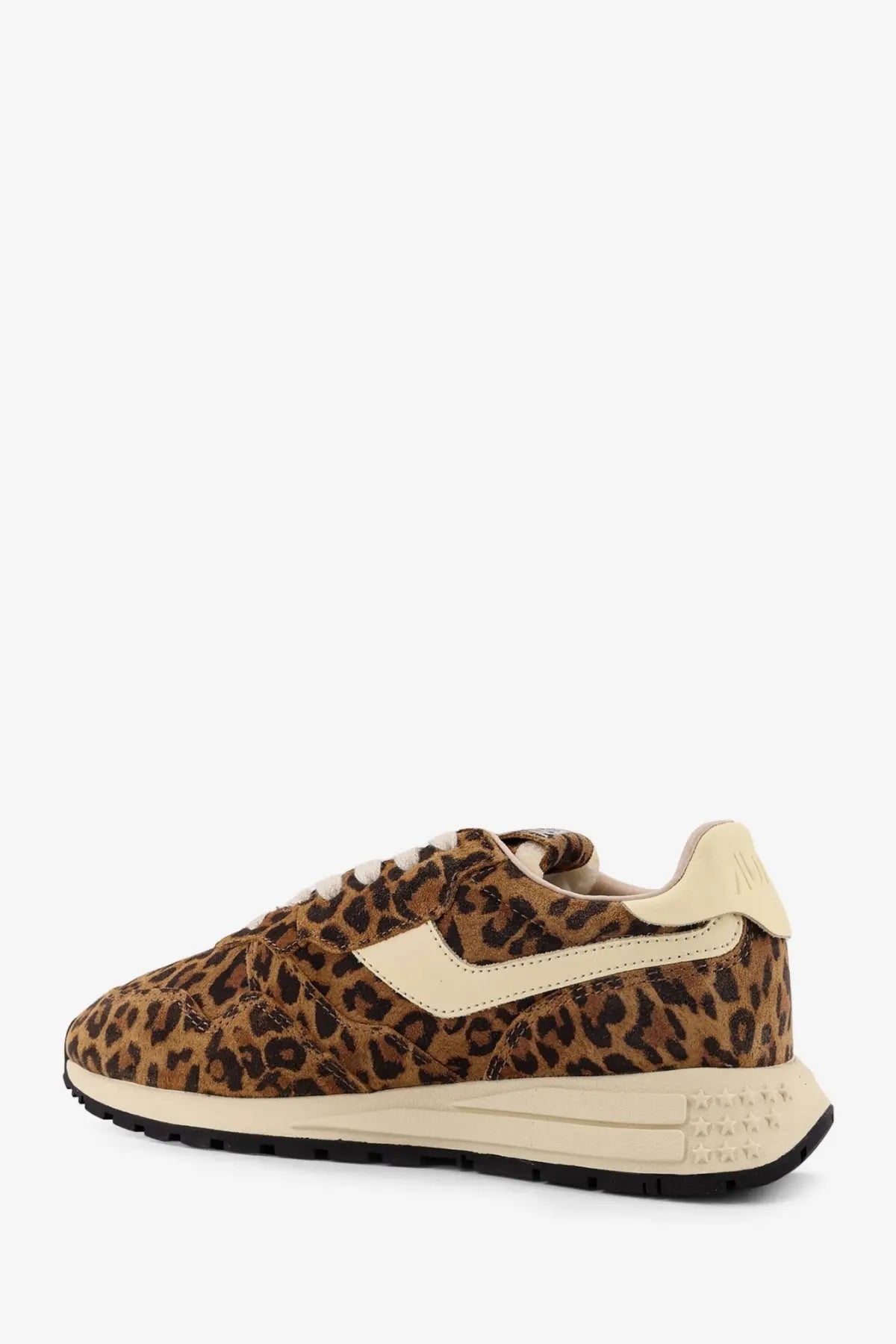 Autry women’s reelwind low animal print suede sneaker with leopard print cream accents and chunky sole