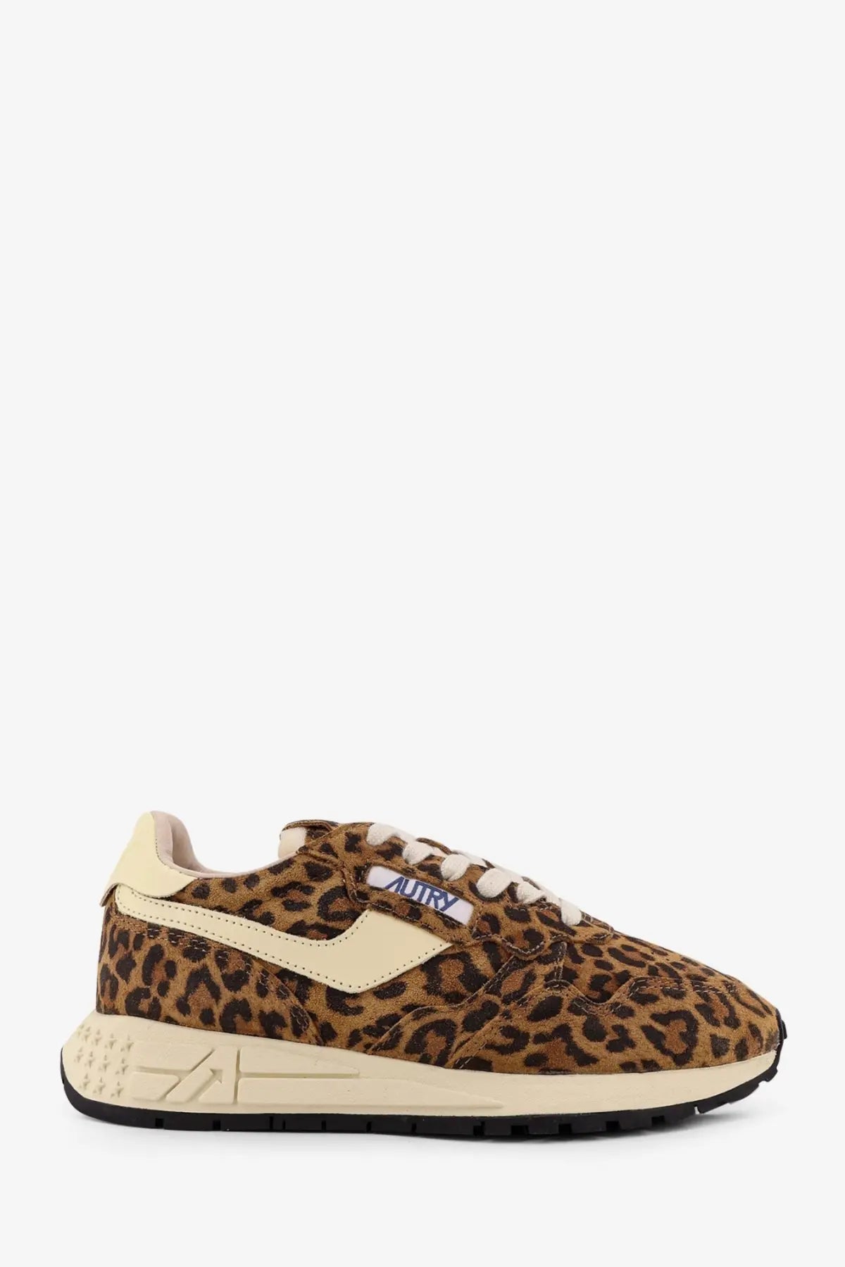 Autry women’s reelwind low animal print suede sneaker with leopard print cream accents and audry branding on tongue
