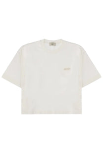 Off-white autry women’s cropped t-shirt with subtle embroidered logo on left chest in soft cotton fabric