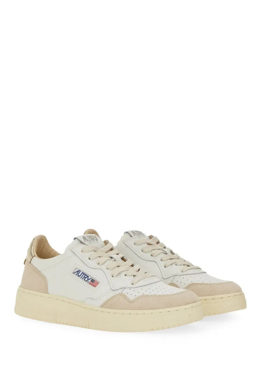 Autry women’s sneaker medalist low with cream suede leather, white perforated toe box, beige laces, and off-white sole