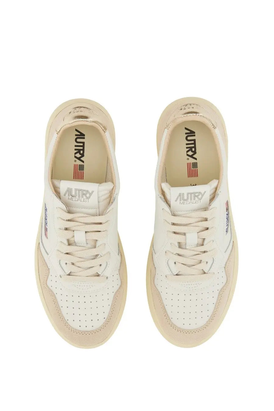 Cream-colored suede and leather autry women’s sneaker medalist low with perforated toe box and white laces