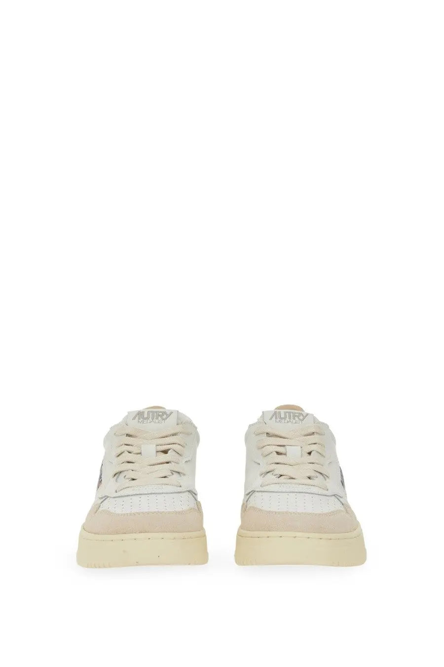 Autry women’s sneaker medalist low cream-colored suede and canvas with subtle metallic logo on the tongue