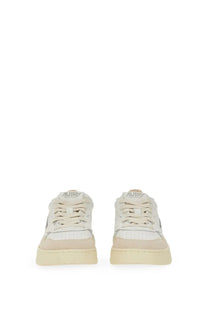 Autry women’s sneaker medalist low cream-colored suede and canvas with subtle metallic logo on the tongue