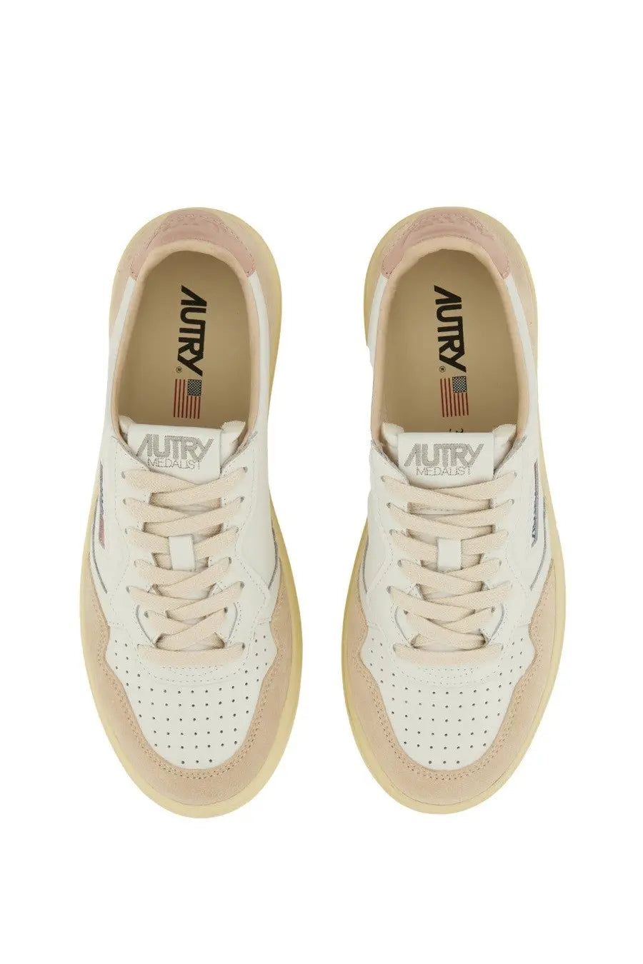 Autry women’s sneaker medalist low cream-colored suede and leather with perforated toe box and pinkish heel tab