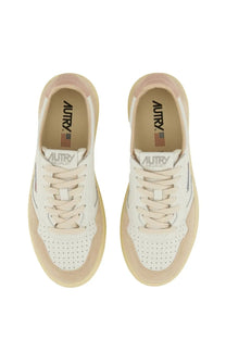 Autry women’s sneaker medalist low cream-colored suede and leather with perforated toe box and pinkish heel tab