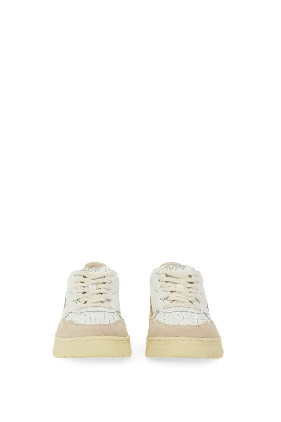 Autry women’s sneaker medalist low cream low-top with white perforated upper and beige suede accents and embroidered brand name