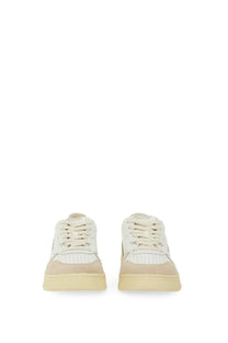 Autry women’s sneaker medalist low cream low-top with white perforated upper and beige suede accents and embroidered brand name