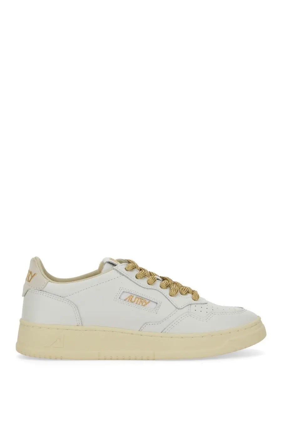 Autry women’s sneaker medalist low white leather with gold-tone laces and branding featuring a clean low-top design