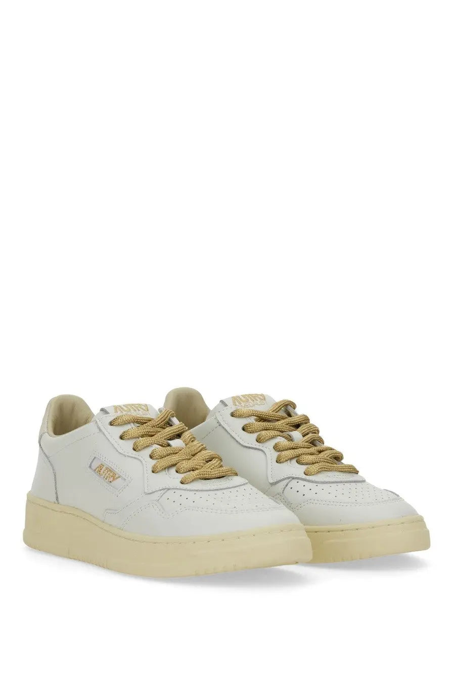 Autry women’s sneaker medalist low white leather with gold-tone laces and chunky off-white rubber sole