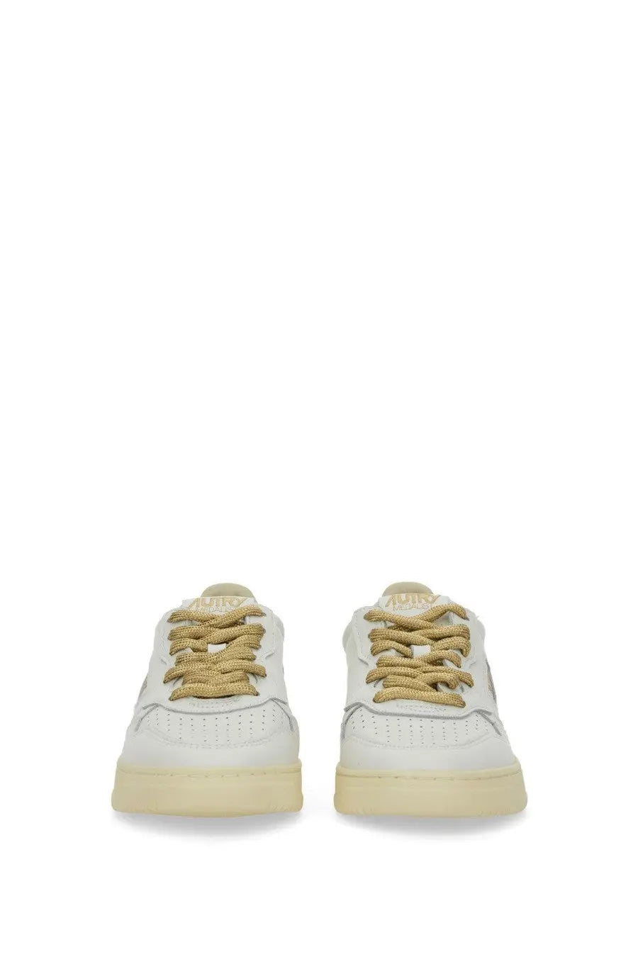 Autry women’s sneaker medalist low white leather with gold-tone laces and cream rubber sole