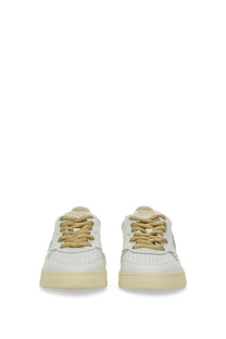 Autry women’s sneaker medalist low white leather with gold-tone laces and cream rubber sole