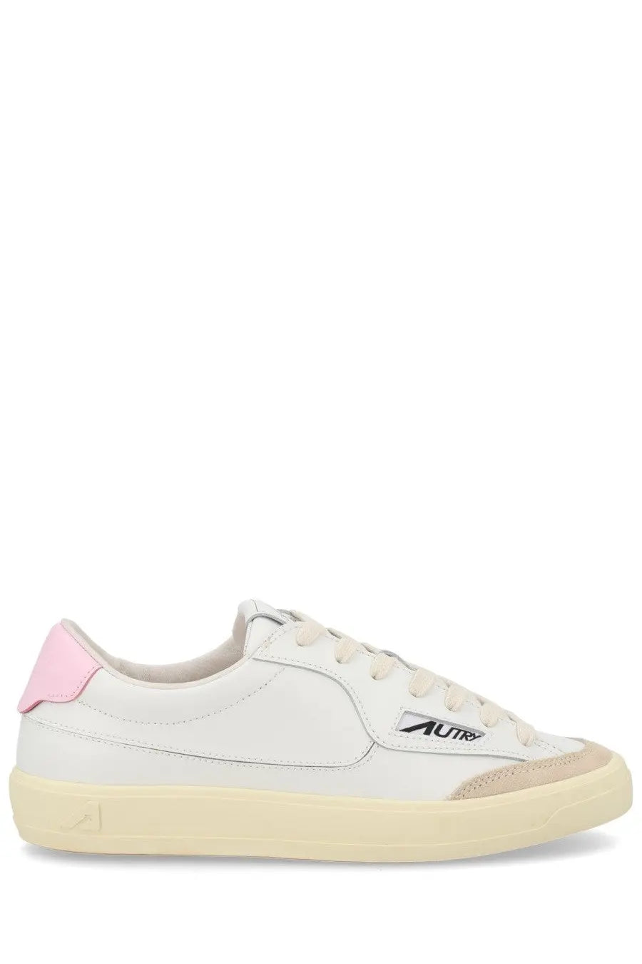 Autry women’s sneaker windscape low white leather with pink heel tab beige rubber sole and autry logo on side