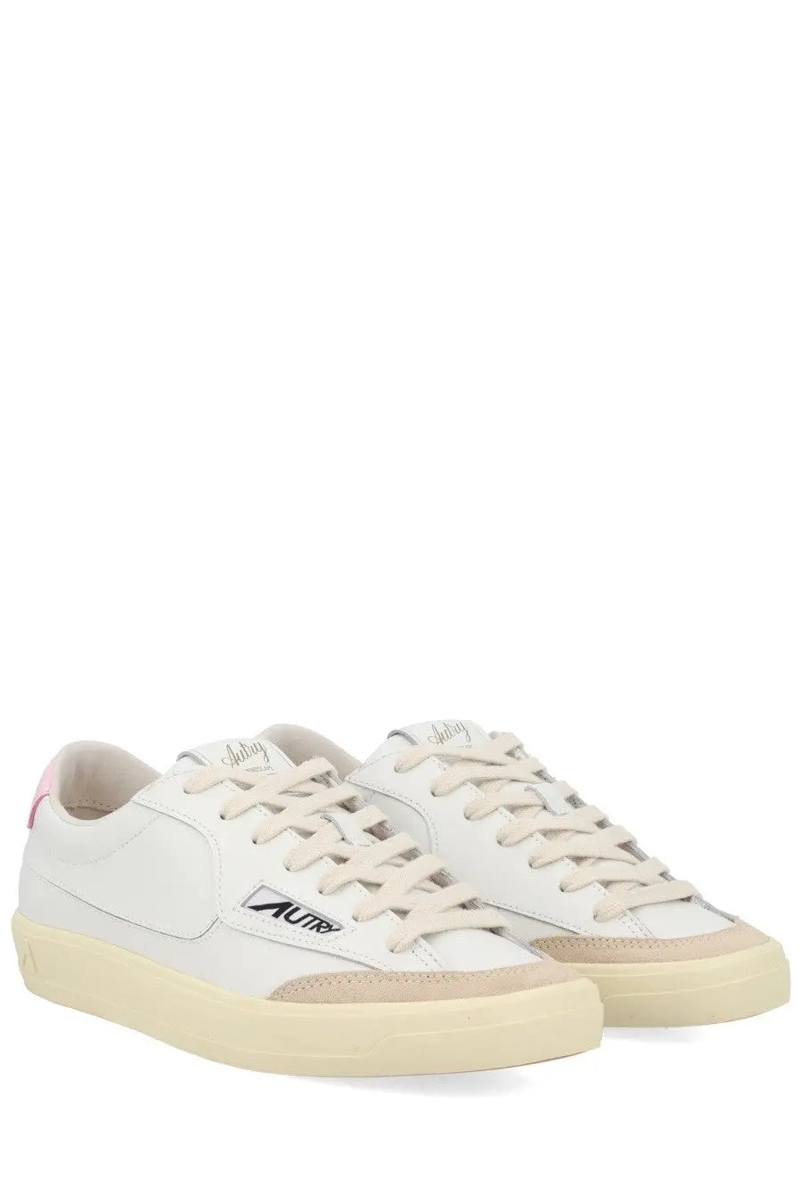 Autry women’s sneaker windscape low white leather with beige soles and pink accent on heel tab showing back side