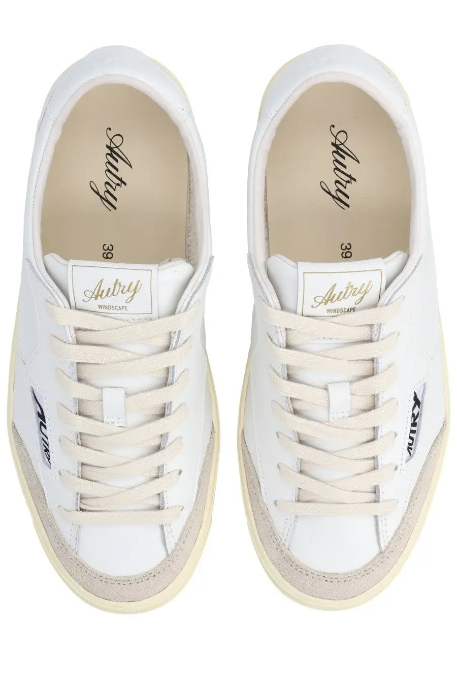 Autry women’s sneaker windscape low white white leather with beige accents and black branding on the side