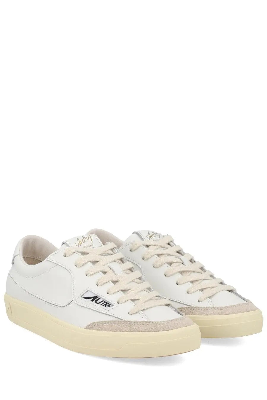 Autry women’s sneaker windscape low white leather with beige suede accents and cream rubber sole featuring mutry logo