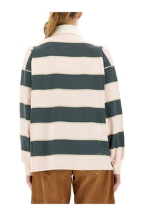 Autry women’s striped polo long-sleeved rugby shirt with muted dark green and off-white horizontal stripes and ribbed cuffs