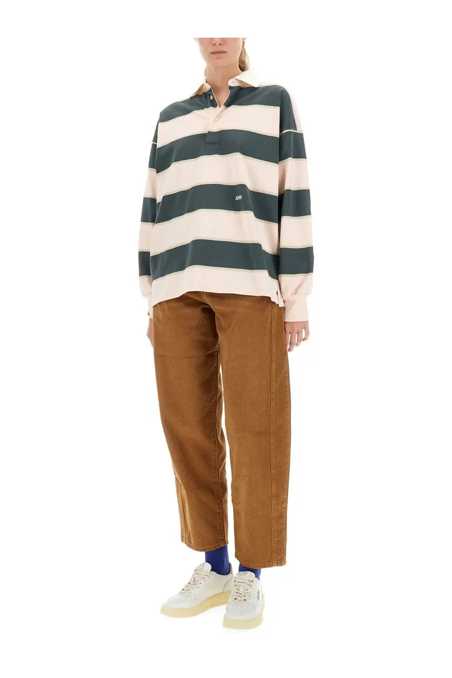Autry women’s striped polo multicolor long-sleeved rugby shirt with dark green and cream horizontal stripes and buttoned collar