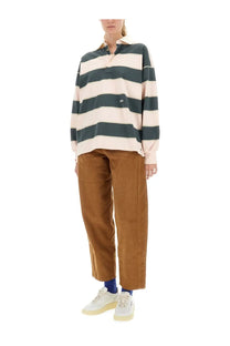 Autry women’s striped polo multicolor long-sleeved rugby shirt with dark green and cream horizontal stripes and buttoned collar