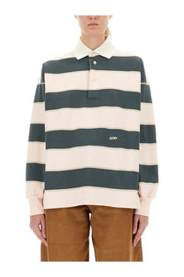 Autry women’s long-sleeved striped polo shirt in cream and dark teal with white collar and embroidered logo