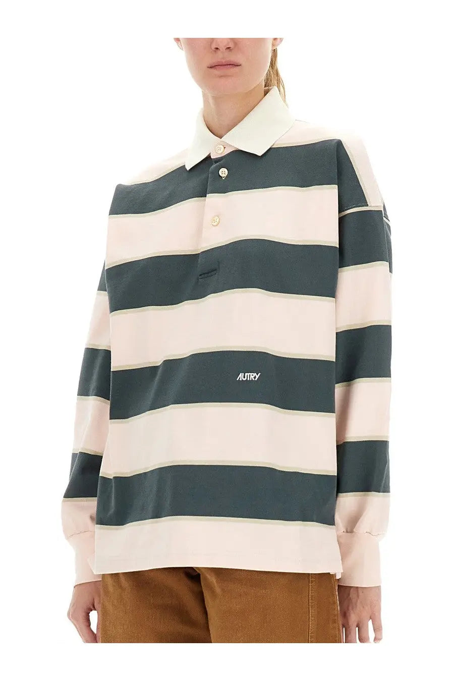 Autry women’s striped polo shirt in muted teal and cream with a white collar and embroidered logo on the chest