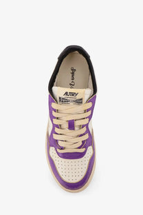 Autry women’s super vintage low top leather sneakers in white with purple and cream perforated upper and black toe cap