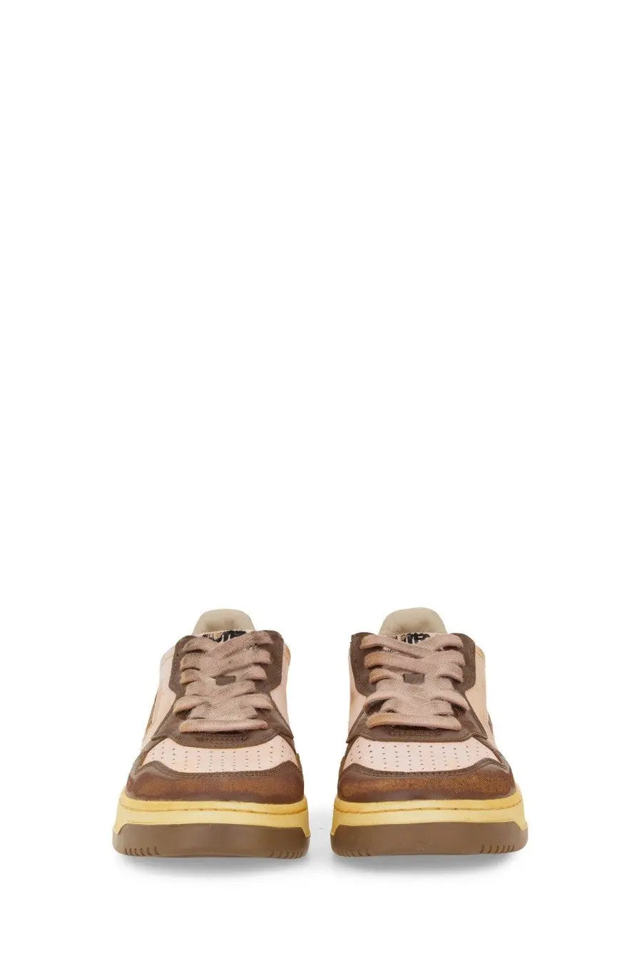 Autry women’s super vintage sneaker brown low-top with perforated beige and brown suede upper and yellow rubber sole