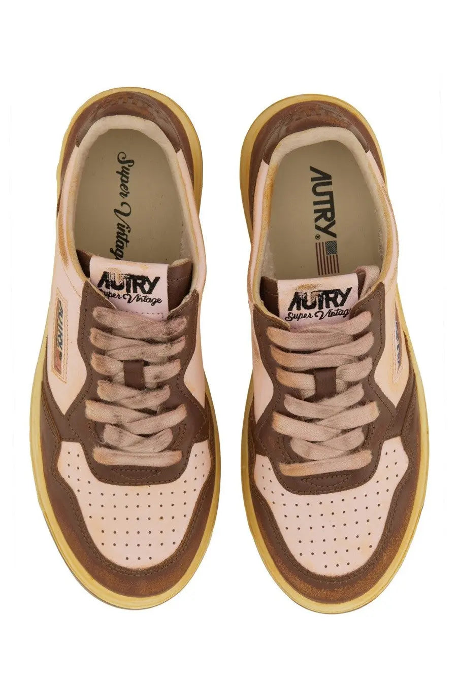 Autry women’s super vintage sneaker in brown with cream suede and leather and perforated toe panels