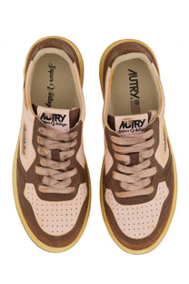 Autry women’s super vintage sneaker in brown with cream suede and leather and perforated toe panels