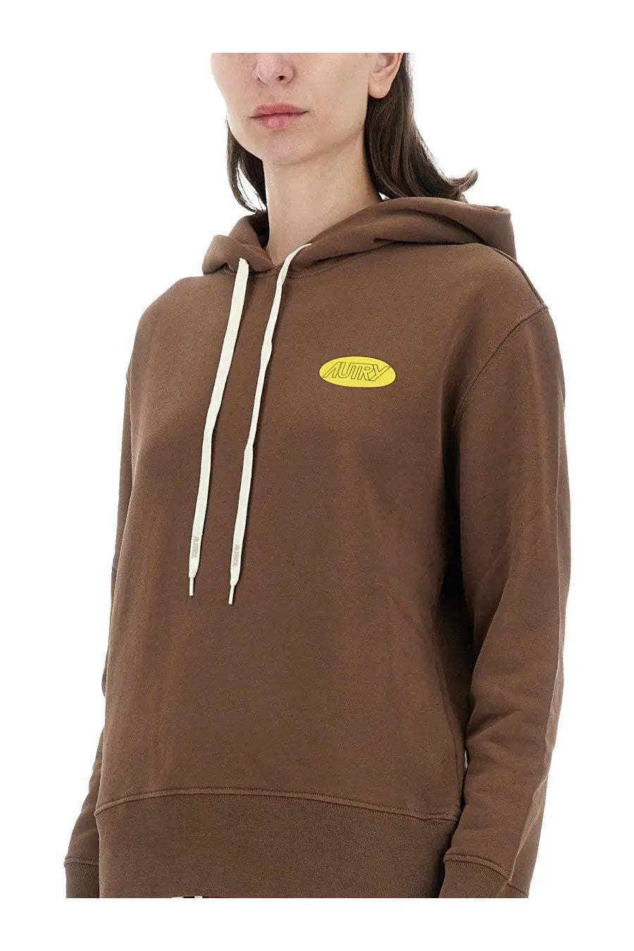 Autry women’s brown cotton hoodie with cream drawstrings and yellow oval logo on the chest