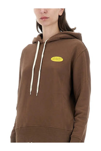 Autry women’s brown cotton hoodie with cream drawstrings and yellow oval logo on the chest