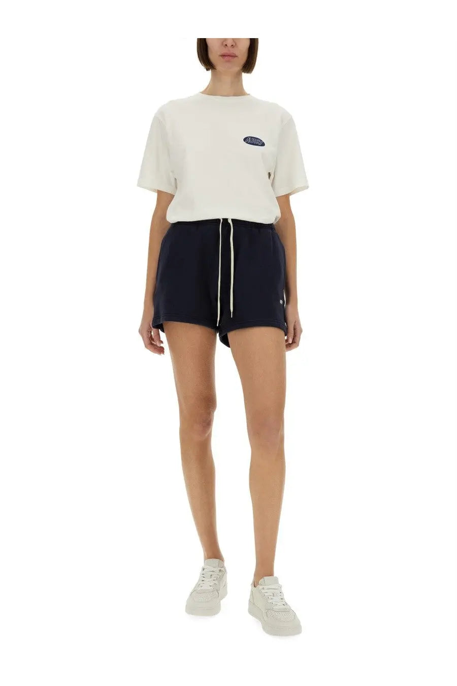 Autry women’s navy blue sweatshirt shorts with white drawstring cord and subtle side pockets for casual wear