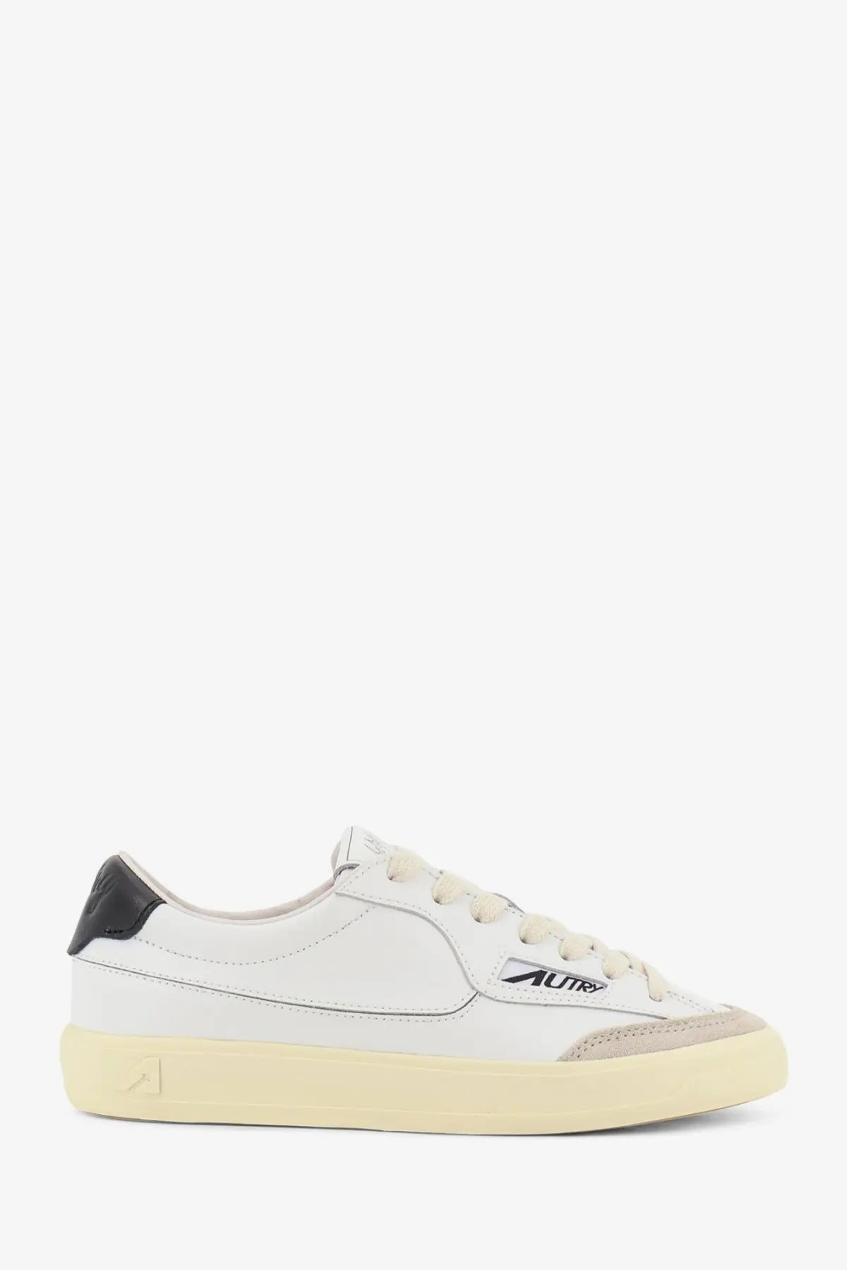 Autry women’s windscape leather sneakers in white with black and beige accents featuring minimalist design and logo
