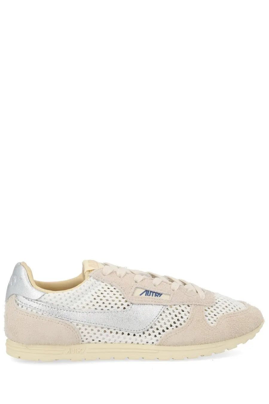 Autry women’s Windspin sneaker in beige with silver perforated mesh suede accents and cream rubber sole