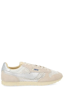 Autry women’s Windspin sneaker in beige with silver perforated mesh suede accents and cream rubber sole