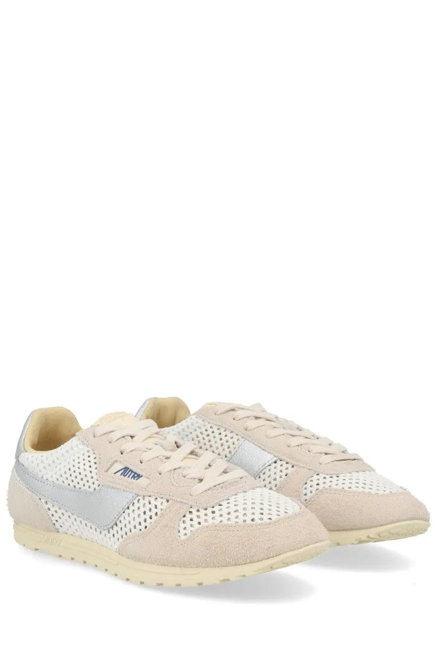 Autry women’s windspin sneaker beige with silver perforated mesh and suede accents in a stylish design