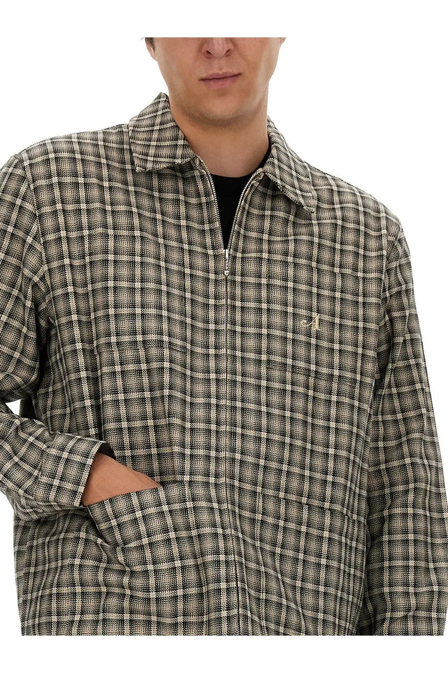 Awake Ny men’s beige and black plaid zip-up shirt jacket with subtle gold embroidered logo on chest in brown
