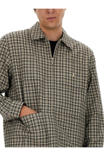 Awake Ny men’s beige and black plaid zip-up shirt jacket with subtle gold embroidered logo on chest in brown