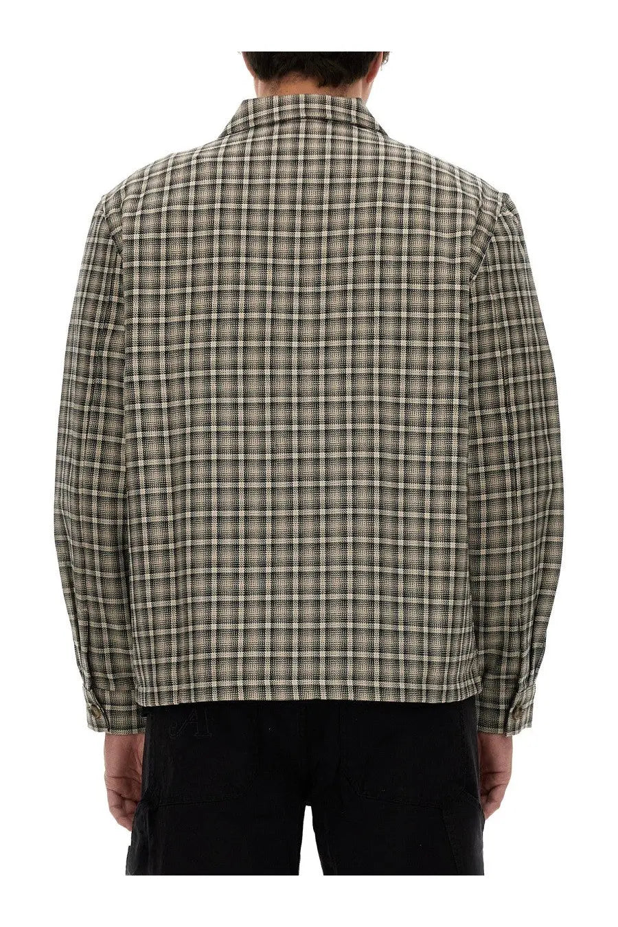 Awake ny men’s shirt jacket in brown with muted olive and beige plaid made from textured woven fabric
