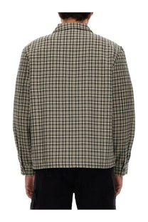 Awake ny men’s shirt jacket in brown with muted olive and beige plaid made from textured woven fabric