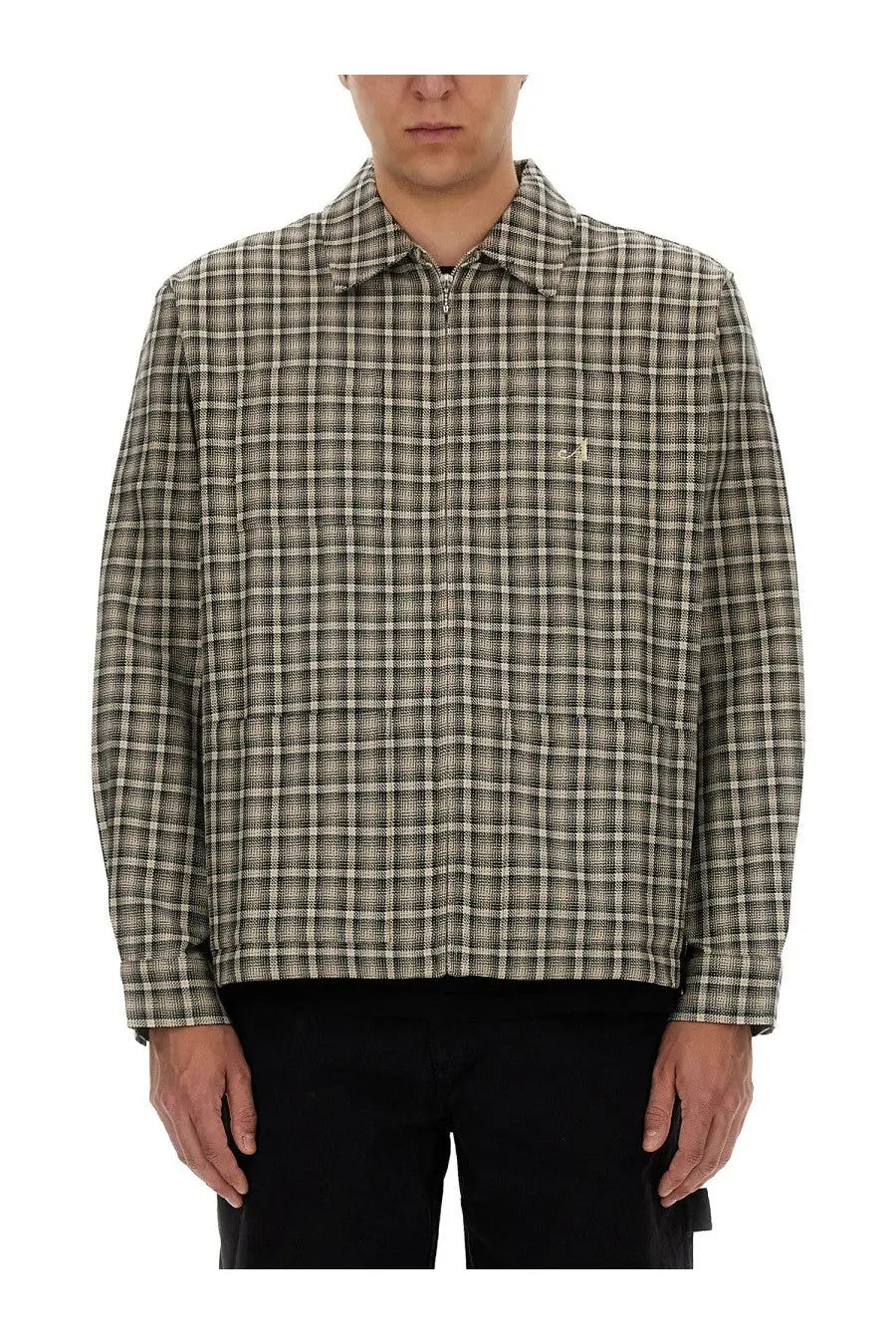 Awake Ny men’s shirt jacket brown long-sleeved plaid in muted olive and cream with embroidered logo on left chest