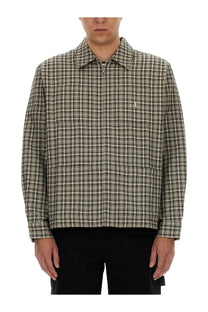 Awake Ny men’s shirt jacket brown long-sleeved plaid in muted olive and cream with embroidered logo on left chest