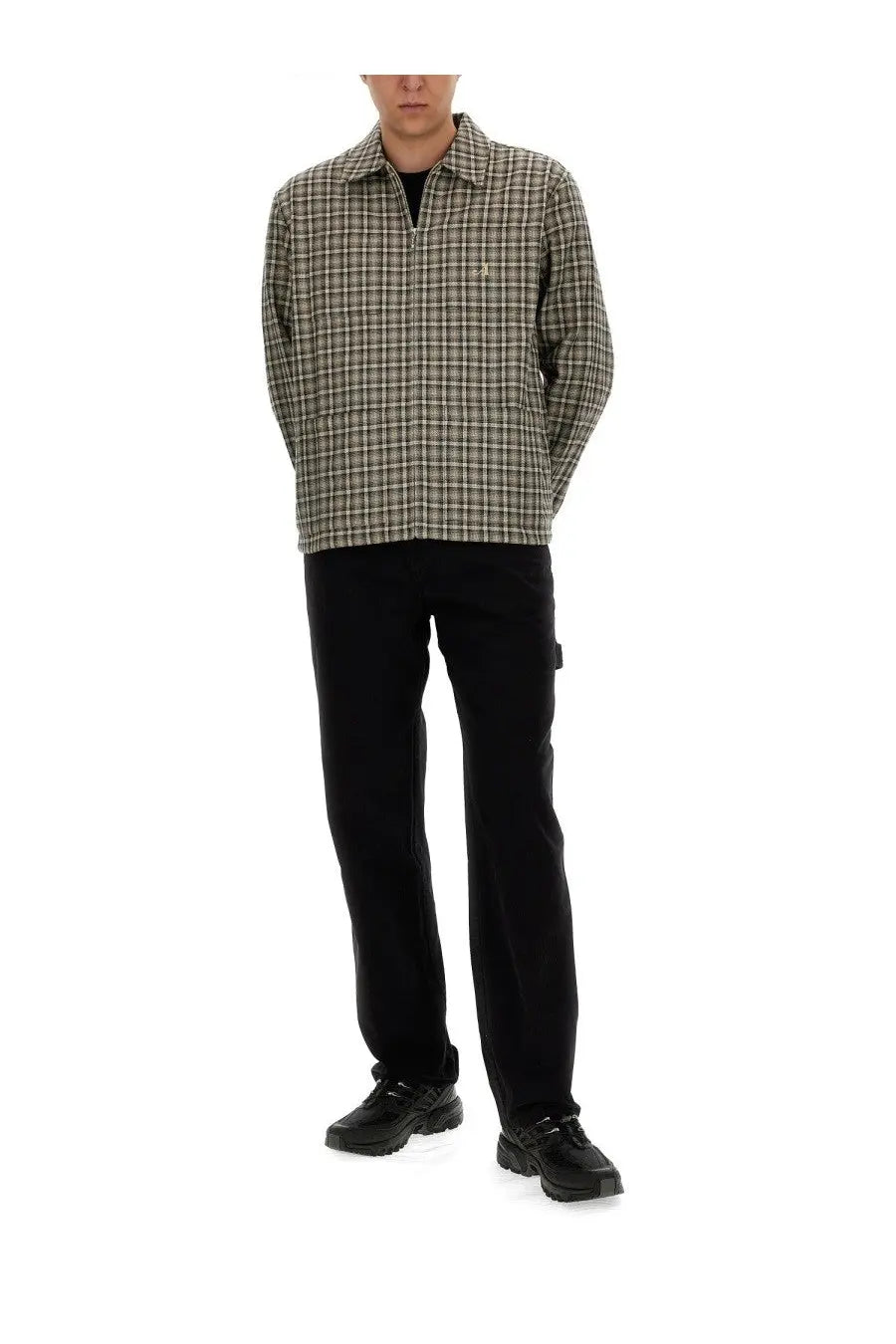 Awake Ny men’s shirt jacket brown with beige and black plaid zip-up design made of textured fabric and subtle logo