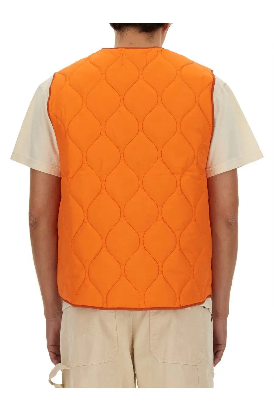 Bright orange quilted vest with diamond-shaped stitching pattern from awake ny mens vests collection